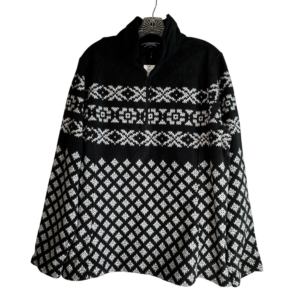 Lands End Womens XL Black White Fair Isle Geometric Quarter Zip Fleece Pullover